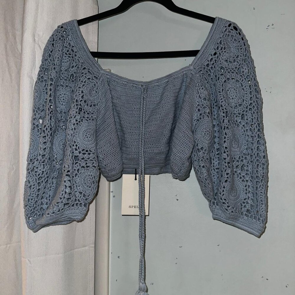 knitted, cropped, baby blue sweater